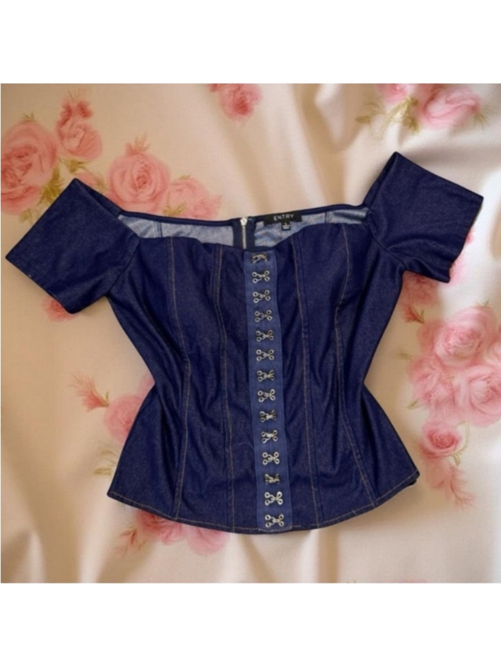 Vintage Y2K Off Shoulder Denim Corset Top Blue Coquette Piratecore Rencore